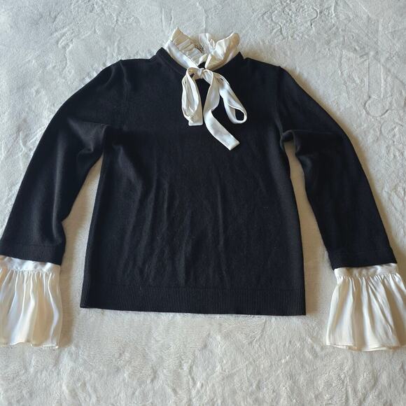 NWT $395 Alice + Olivia Wool Silk Bow Tie Sweater XS Black Ruffle Quiet Luxury - Picture 5 of 9